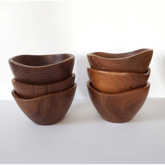 Vtg 60's Dolphin R.H. Macy & Co Thai Teakwood Salad Bowl Set 6 Bowls & Servers - Picture 10 of 15